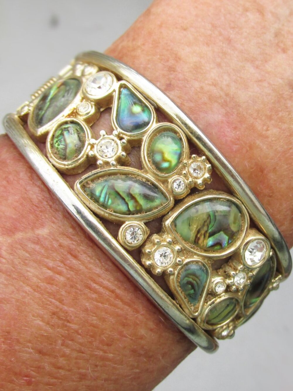 Mid-Century Vintage Abalone Shell & Rhinestone Gold-Tone Clamper Bracelet